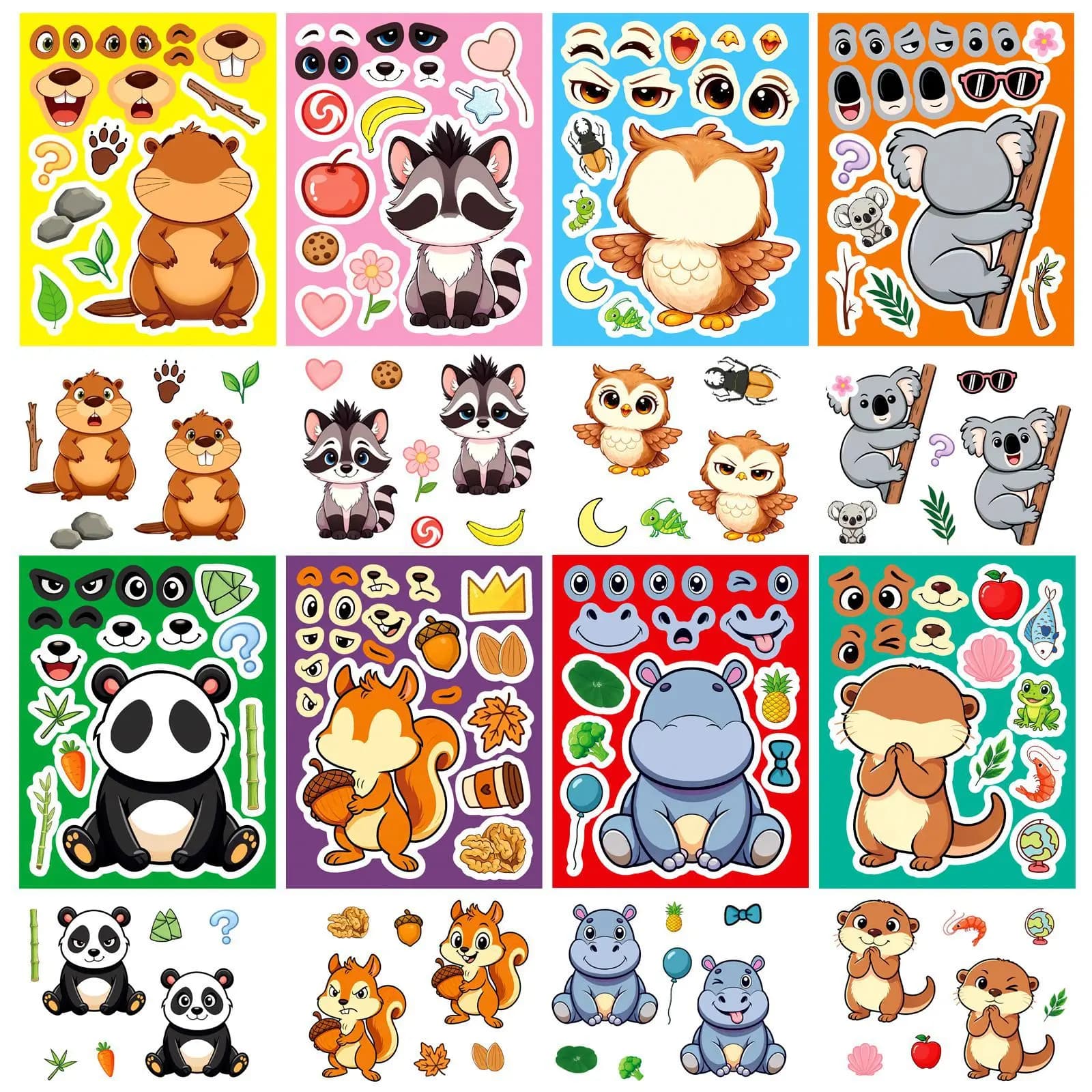 8 Fogli di Adesivi Puzzle con Animali Cartoon, Crea un'Espressione, Decorazioni per Quaderni, Telefoni, Laptop, Adesivi Fai-da-Te