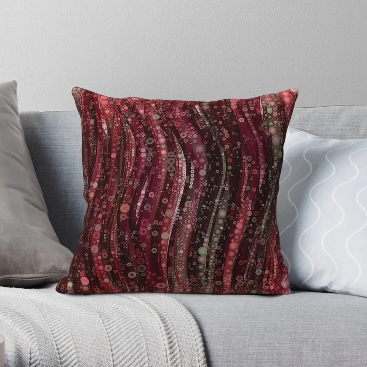 Burgundy Subtle Waves Lines Circles Square Pillowcase Polyester Linen Velvet Pattern Decorative Pillow Case Sofa Cushion Cover