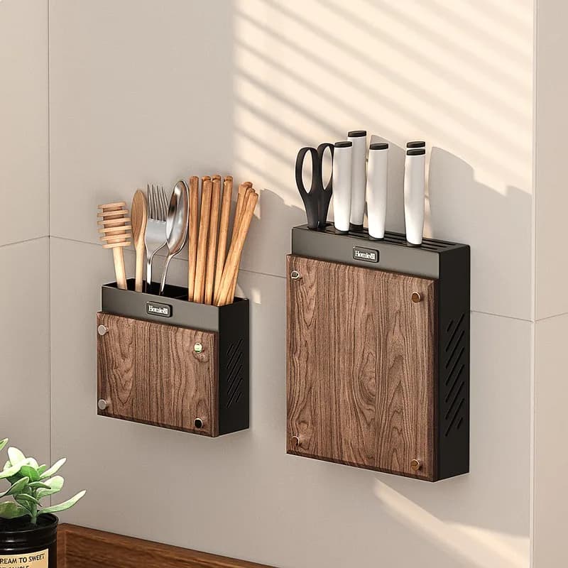 Mid Century Walnut Kitchen Knife Holder Wall Mount No Drill Utensil Organizer