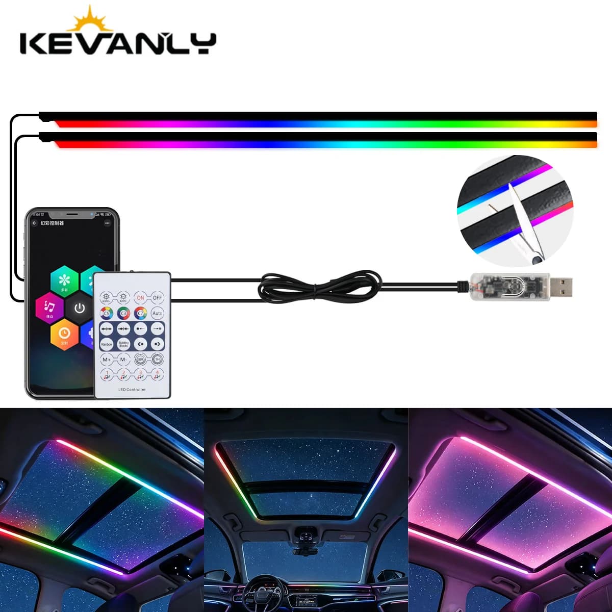 140cmx2 Symphony APP Control Car Roof Panoramic Skylight Ambient Lights Refit Panoramic Acrylic Strips Dashboard Decoration