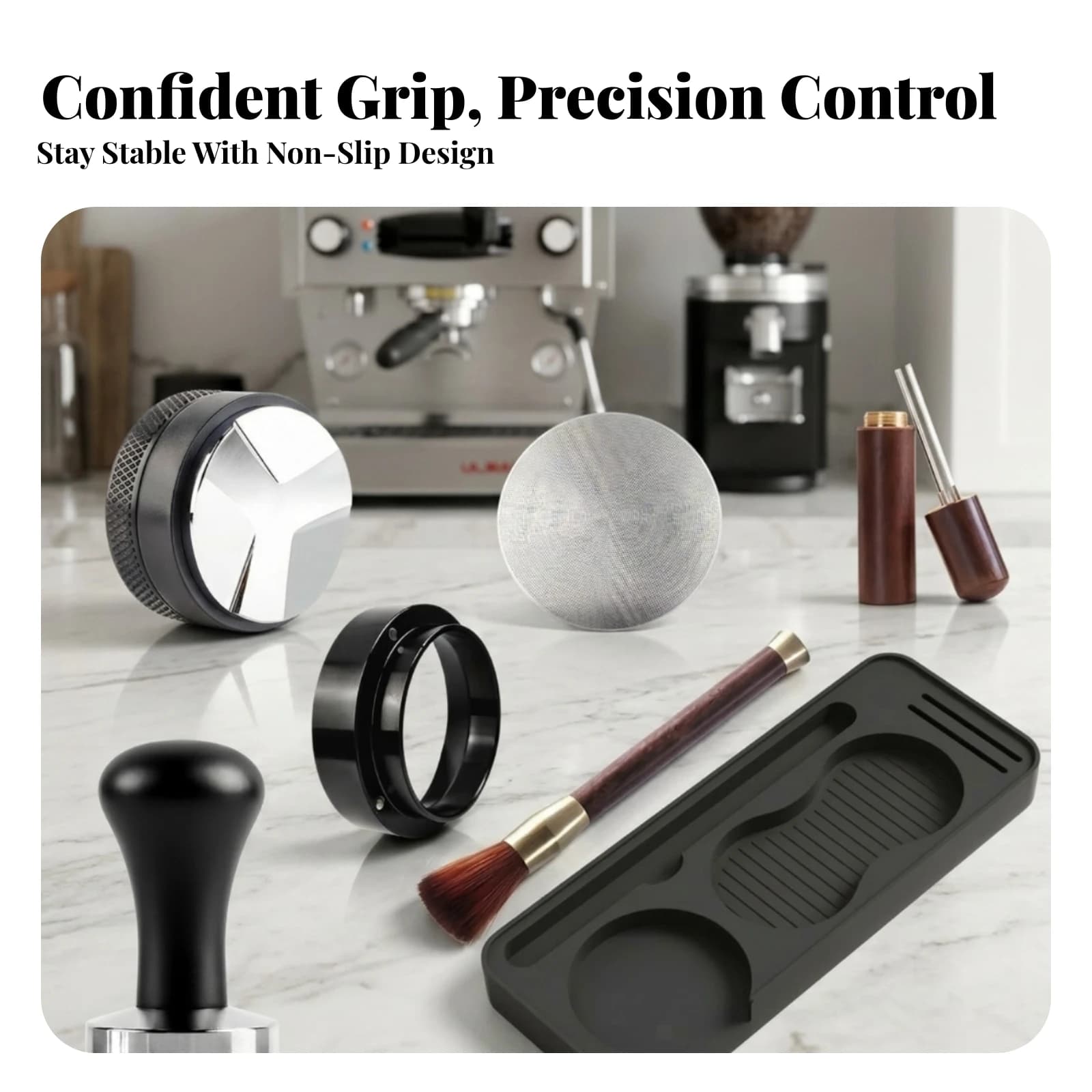 7 Pieces Portafilter Set Matte Black Espresso Tamper Set Coffee Tool Kit Storage Tray Espresso Tamper Molded Compartments