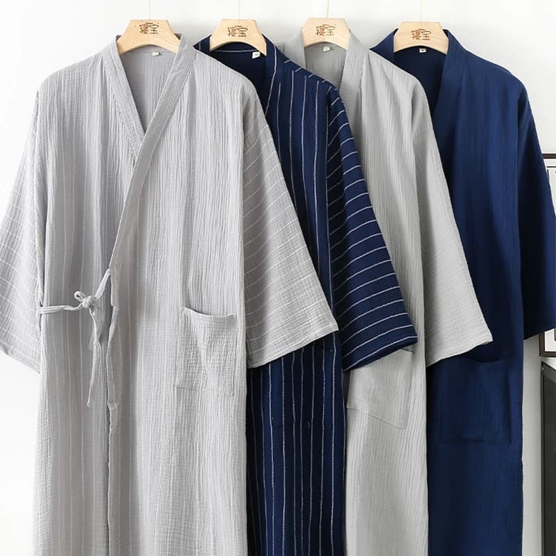 Traditional Japanese Kimono Samurai Pure Cotton Night Dress Men Yukata Bathrobe Large Style Sauna Wearing Homewear Long Dress