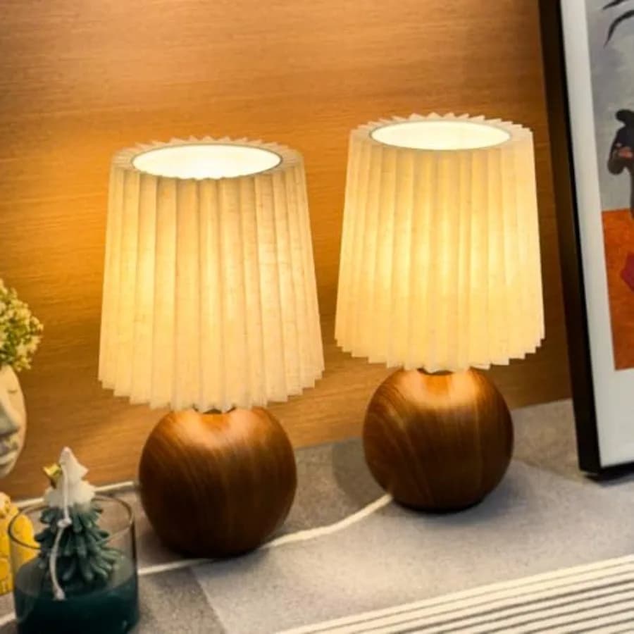 Set di 2 Lampade da Tavolo Piccole Plissettate per Camera da Letto, Mini Lampade da Comodino con Paralume Rotondo in Tessuto di Lino, Lampada da Scrivania Dimmerabile