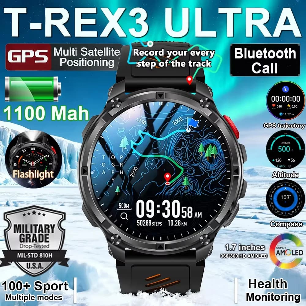 Nuovo Smartwatch GPS 2026 con Batteria da 1100mAh, Display AMOLED, Impermeabile 5ATM, Chiamate BT, Torcia, 170+ Sport, Bussola, Stile Militare, Compatibile iOS