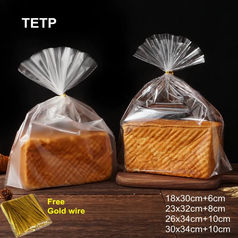 TETP 100Pcs Clear/Matte Top Open plastic bag gift for party bread Snack Packaigng with gold thread Stand Up Toast Doll Storage bags