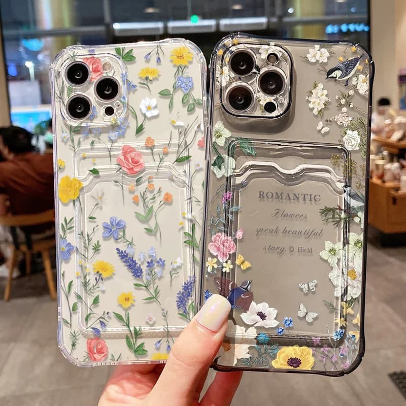 Flower Phone Case For iPhone 16 15 14 13 11 12 17 Pro Max Air 16e 7 8 Plus XR XS SE 2022 Transparent Card Slot Bag Holder Cover