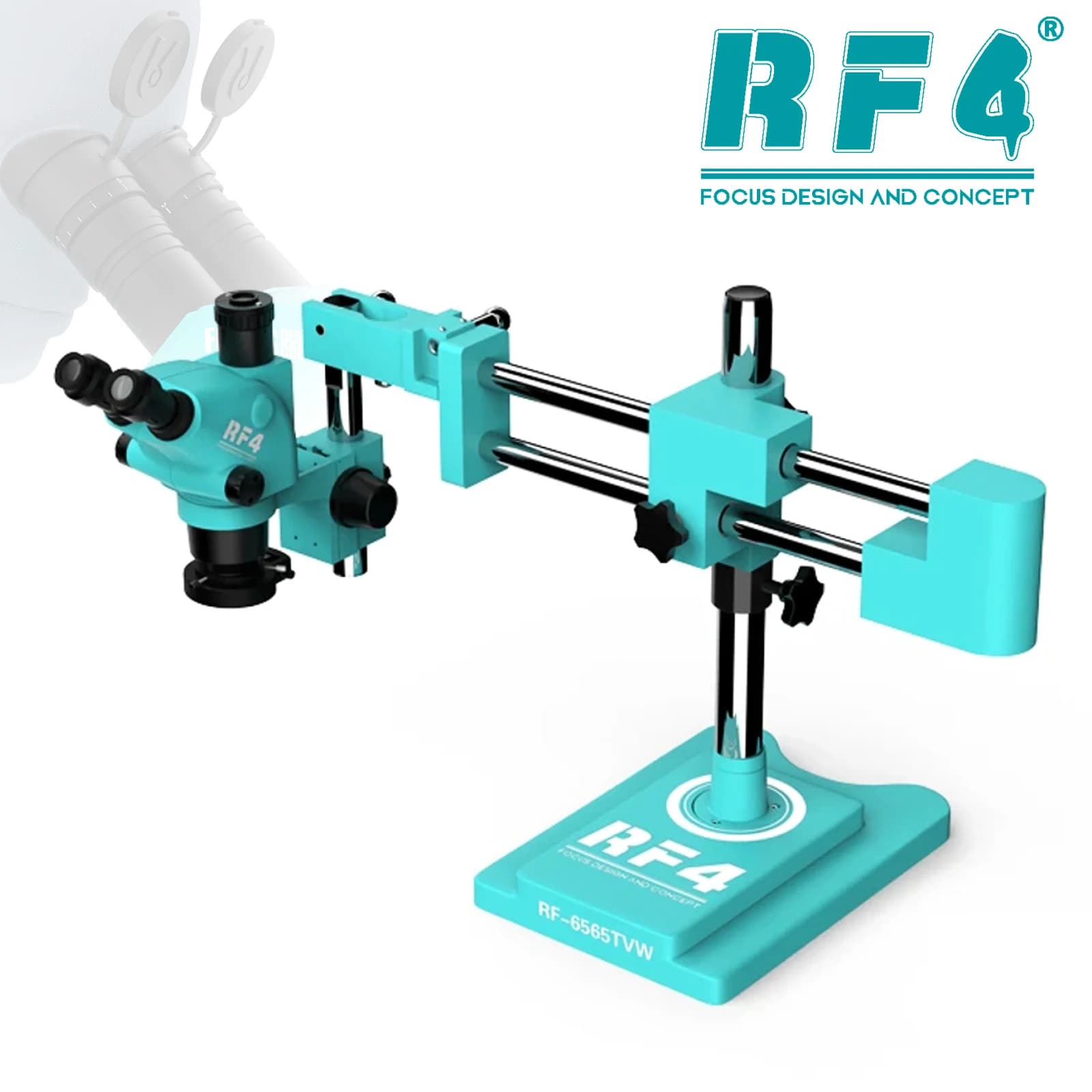 RF4 6,5-65X 360 ° Staffa a doppio braccio Zoom sincrono Ingrandimento Osservazione Microscopio stereo binoculare trioculare RF6565TVW