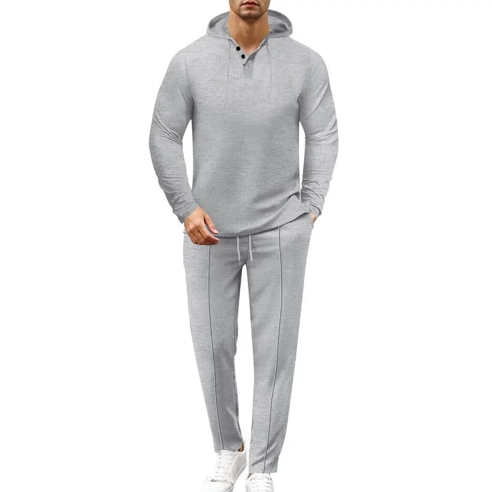 Completo da uomo con felpa a maniche lunghe e pantaloni, motivo waffle, due pezzi, autunnale, comodo e traspirante