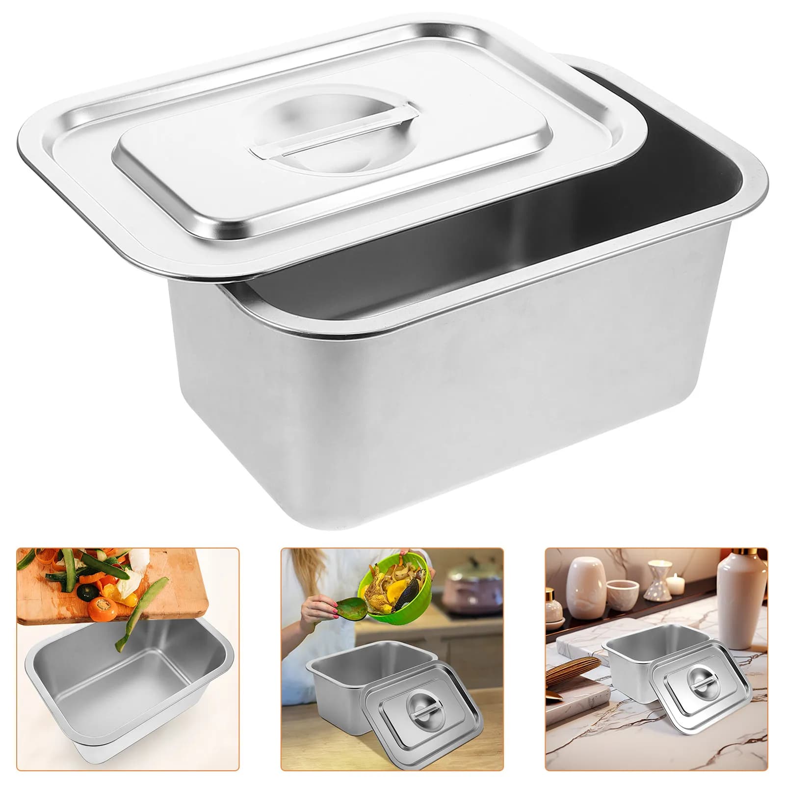 Contenitore per Compost in Acciaio Inox, Bidone per Rifiuti Alimentari da Cucina con Coperchio, Secchio per Compost da Tavolo
