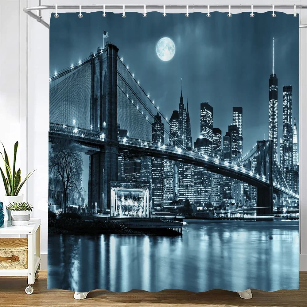 Tenda da doccia New York London Bridge, tessuto impermeabile stampato, poliestere, scenario cittadino, vista notturna, tenda da bagno, arredamento per il bagno