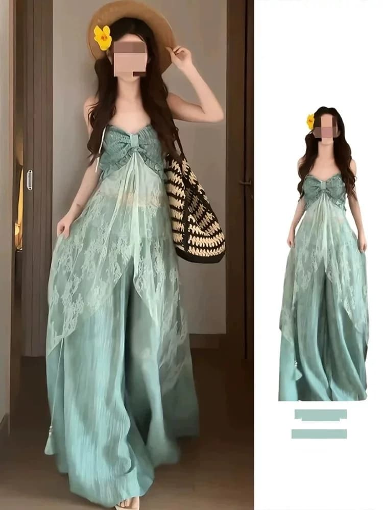 Unique Summer Fairy Tale Style Lace Patchwork Halter Neck Long Dress Women's Beautiful One-Piece Korean Commute High Waist Dress