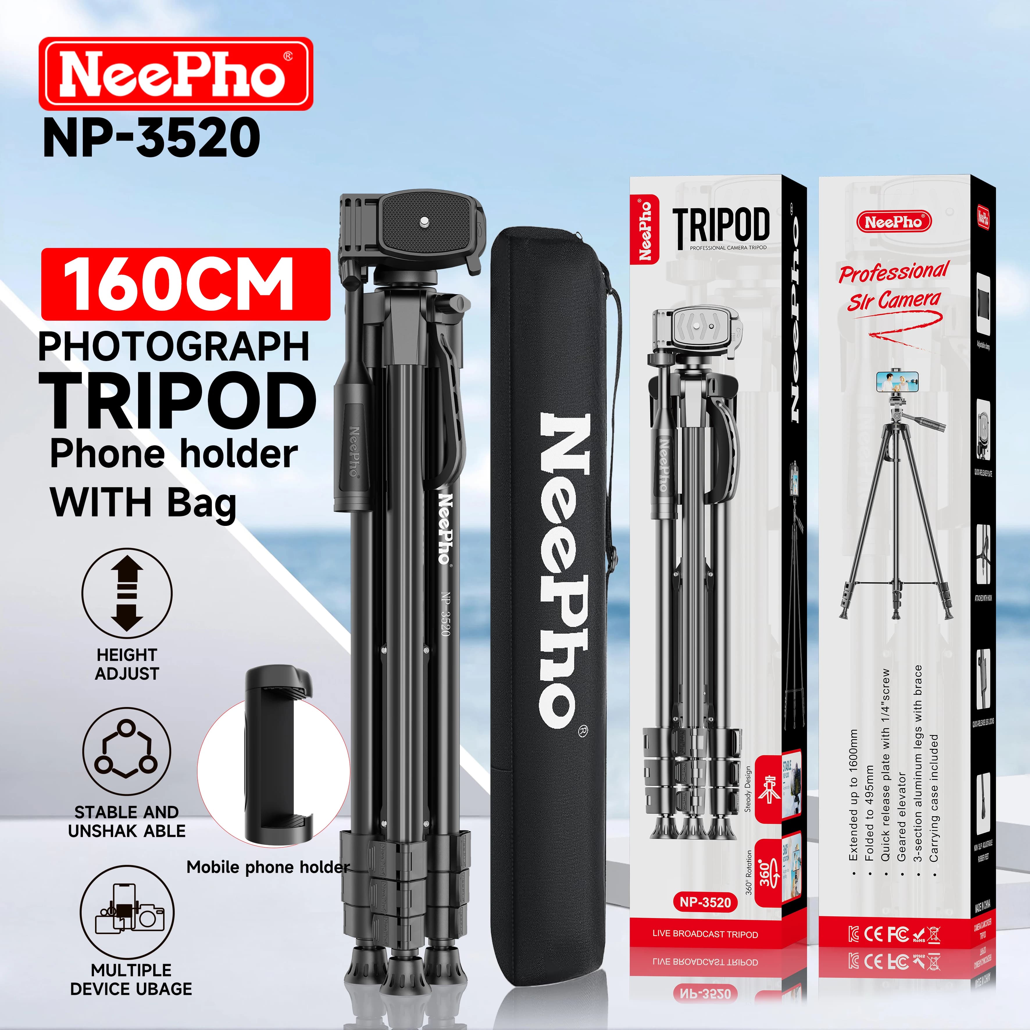 NeePho 160cm 3-Way Pan Head Tripod with Phone Holder, Aluminum Alloy Lightweight Camera Stand NP-3520