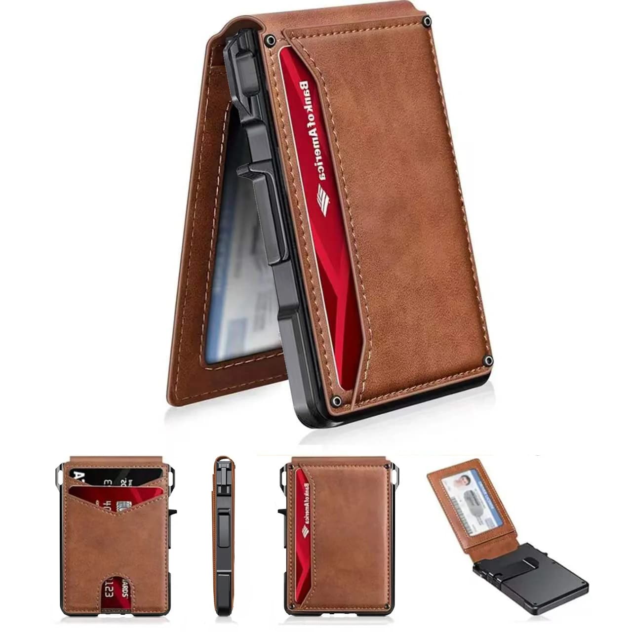 Portafoglio Minimalista Sottile da Uomo con Blocco RFID, in Pelle, Bifold, da Tasca Frontale, con Chiusura Magnetica Pop-Up e Fermasoldi Porta Carte