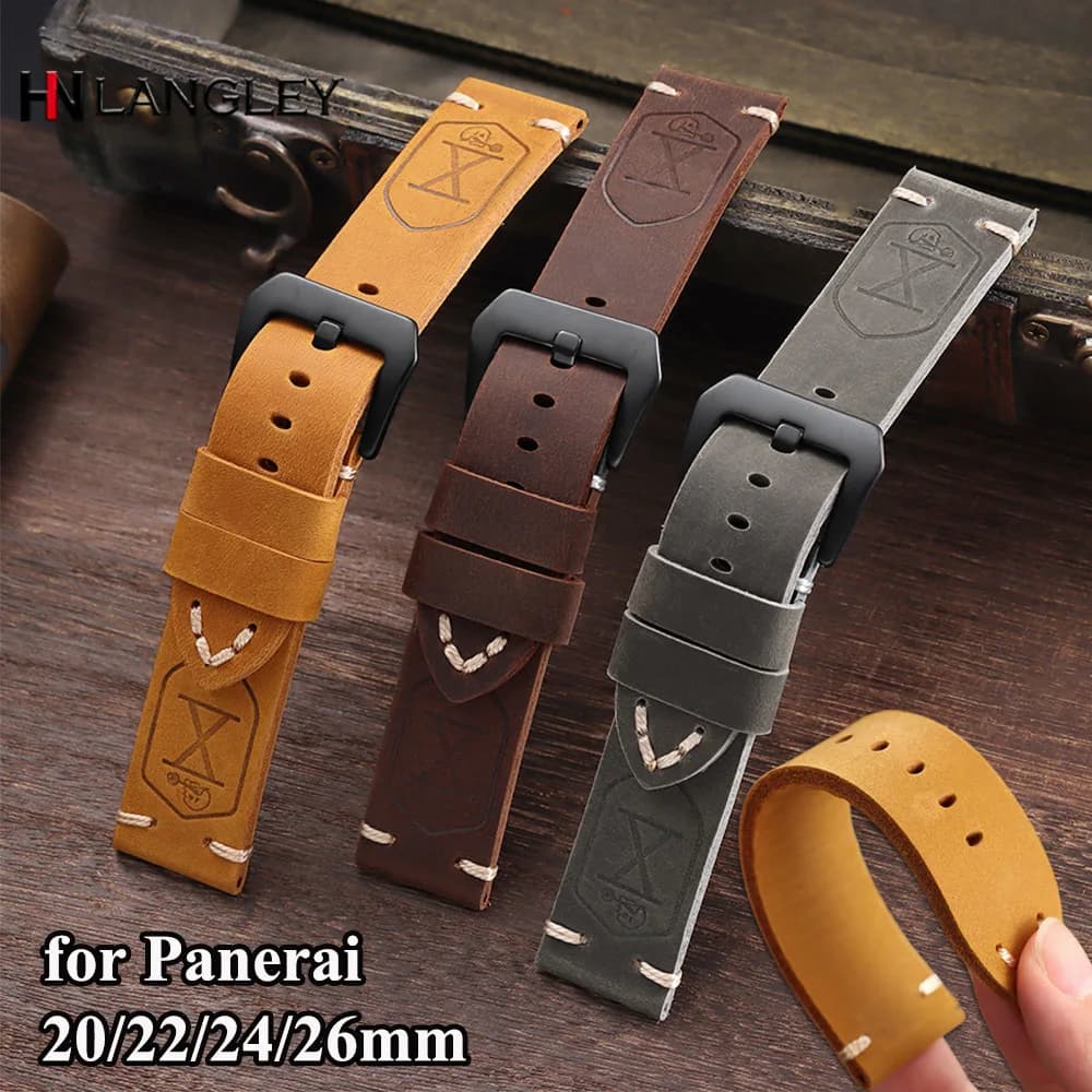 Top Cowhide Leather Watchband 20mm 22mm 24mm 26mm for Panerai PAM111/441 Vintage DarkBrown Black Padded Watch Band for Women Man
