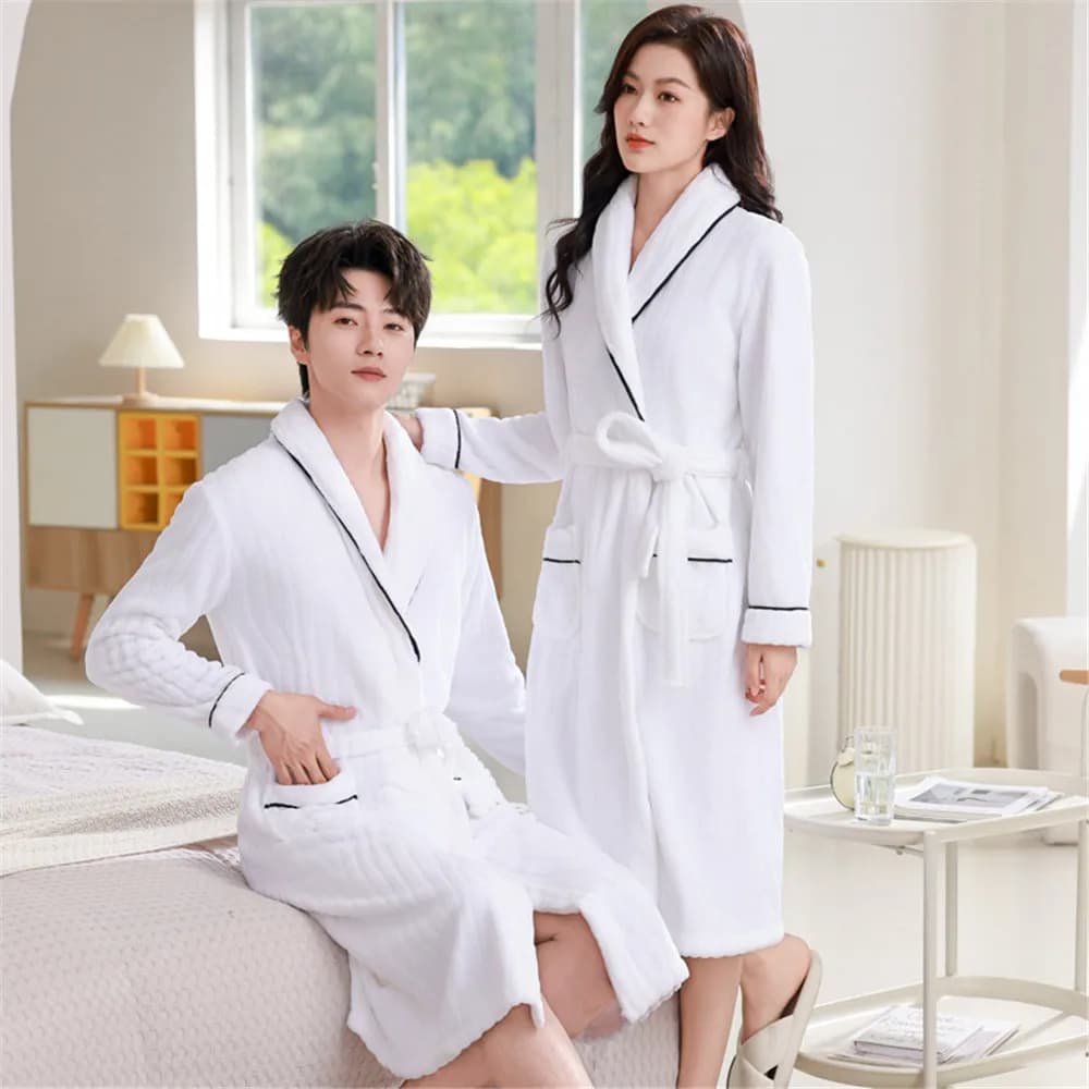 Coppia Donna Uomo Abito di flanella bianca Kimono Inverno Corallo in pile Accappatoio Indumenti da notte Indumenti da notte Allentato Addensato Abbigliamento per la casa Pigiama