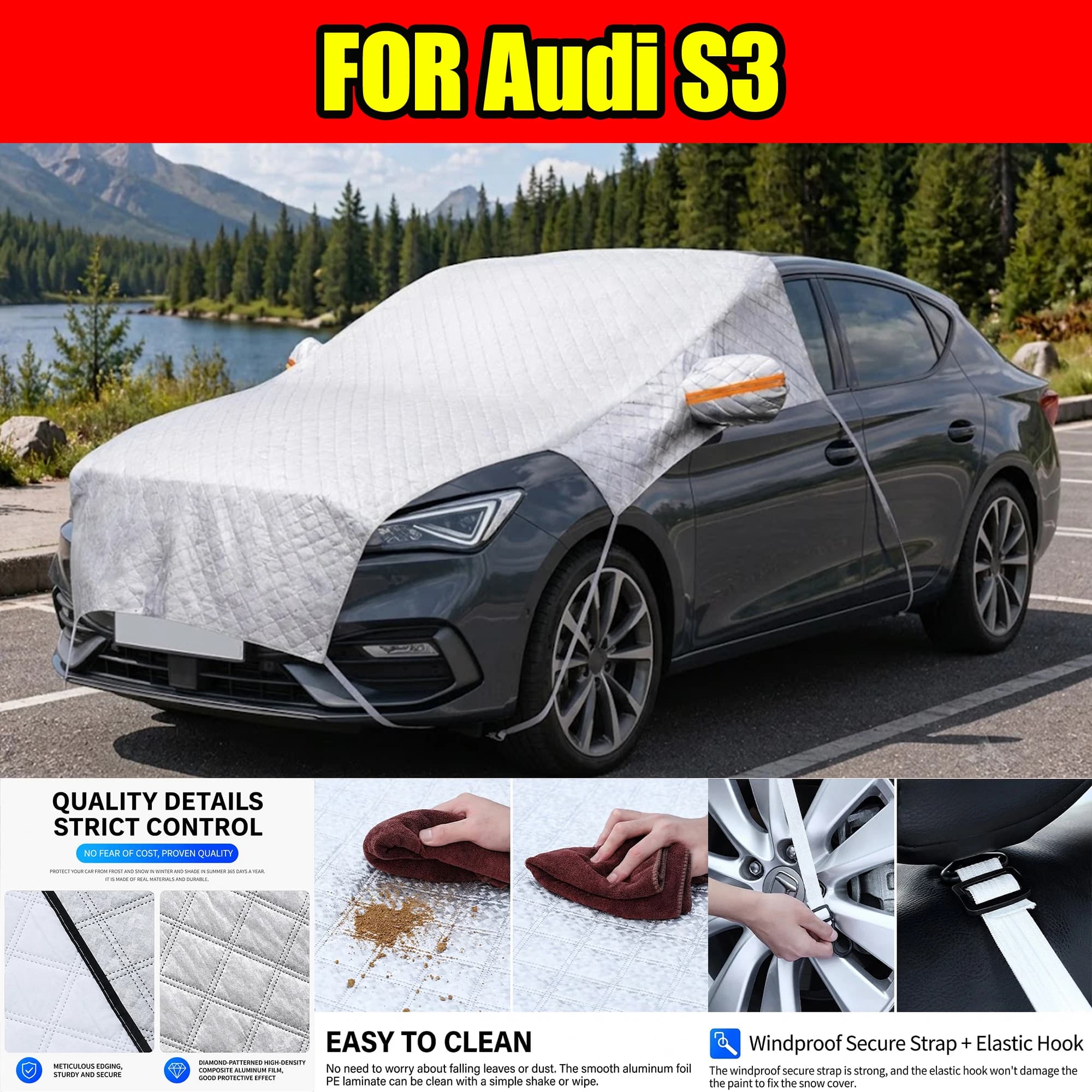 FOR Audi S3 Drawstring Sun Shade Umbrella, Collapsible No Scratch Windshield Cover With Carrying Bag