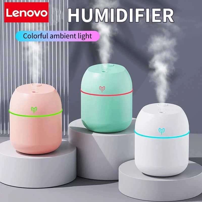 Umidificatore d'aria Lenovo da 220 ml, diffusore di aromi a nebbia fredda, luce notturna a LED, protezione spegnimento automatico, umidificatore USB per casa e ufficio