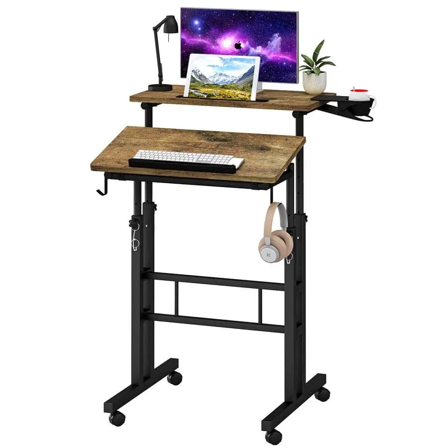 Scrivania Mobile con Portabicchieri, Portatile, Altezza Regolabile, Piccola Scrivania su Ruote per Casa e Ufficio, Carrello per Laptop