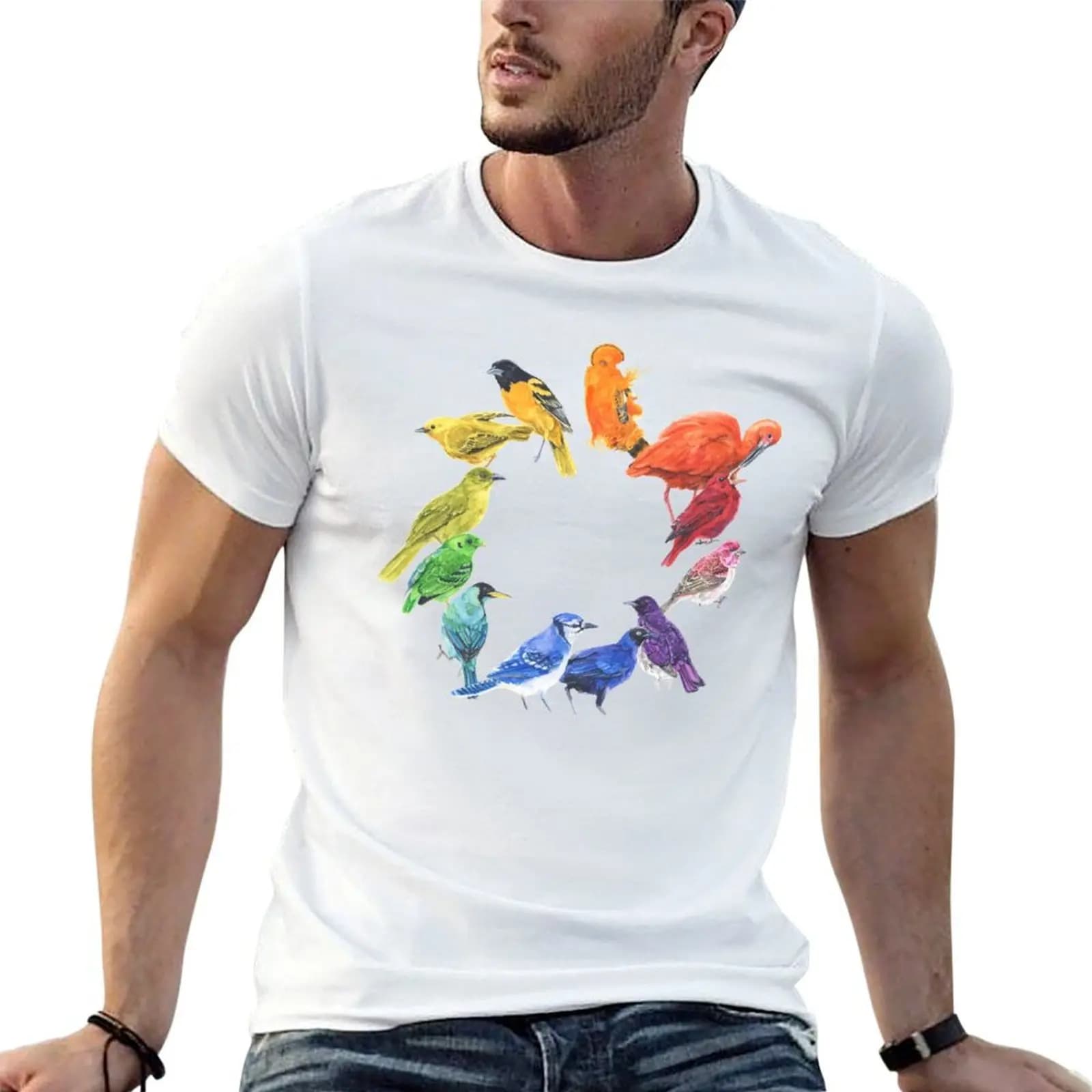 T-shirt con ruota dei colori degli uccelli, t-shirt in cotone, t-shirt 100% cotone per uomo, t-shirt estiva