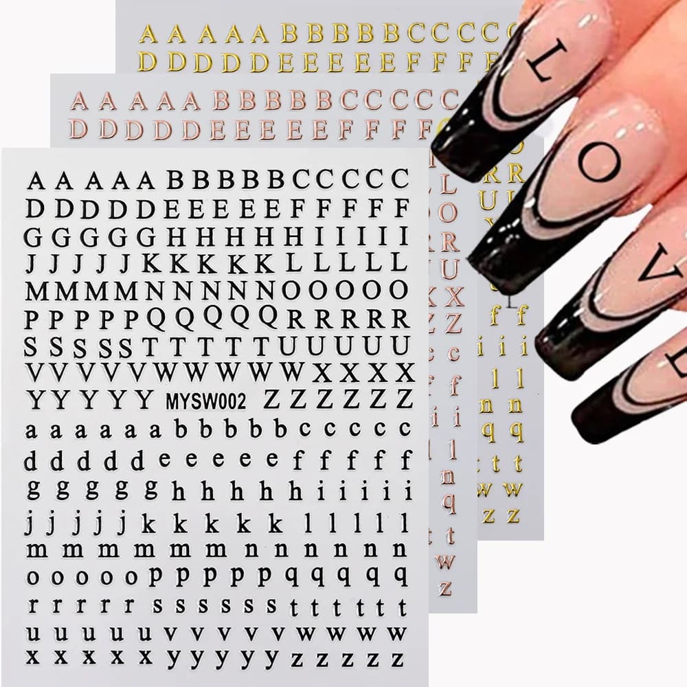 3 Pz/set 3D 26 Lettere Romane Adesivi Per Unghie Nero Oro Rosa, Oro Alfabeto Inglese Decalcomanie Per Unghie Maiuscolo Minimo Cassa Lettera cursori