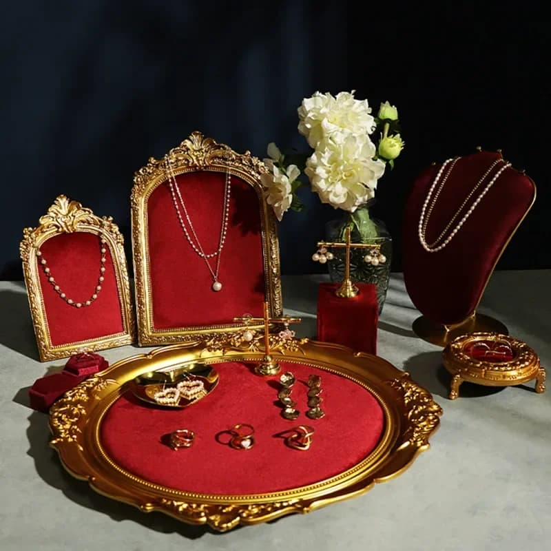 Luce di lusso rosso flanella cornice per foto collana Stand gioielleria tiro puntelli anello vassoio negozio espositore per gioielli