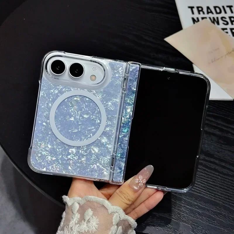 Glittering shell pattern hinge magnetic suction phone case, MagSafe stand phone protective case suitable for iPhone Ultra