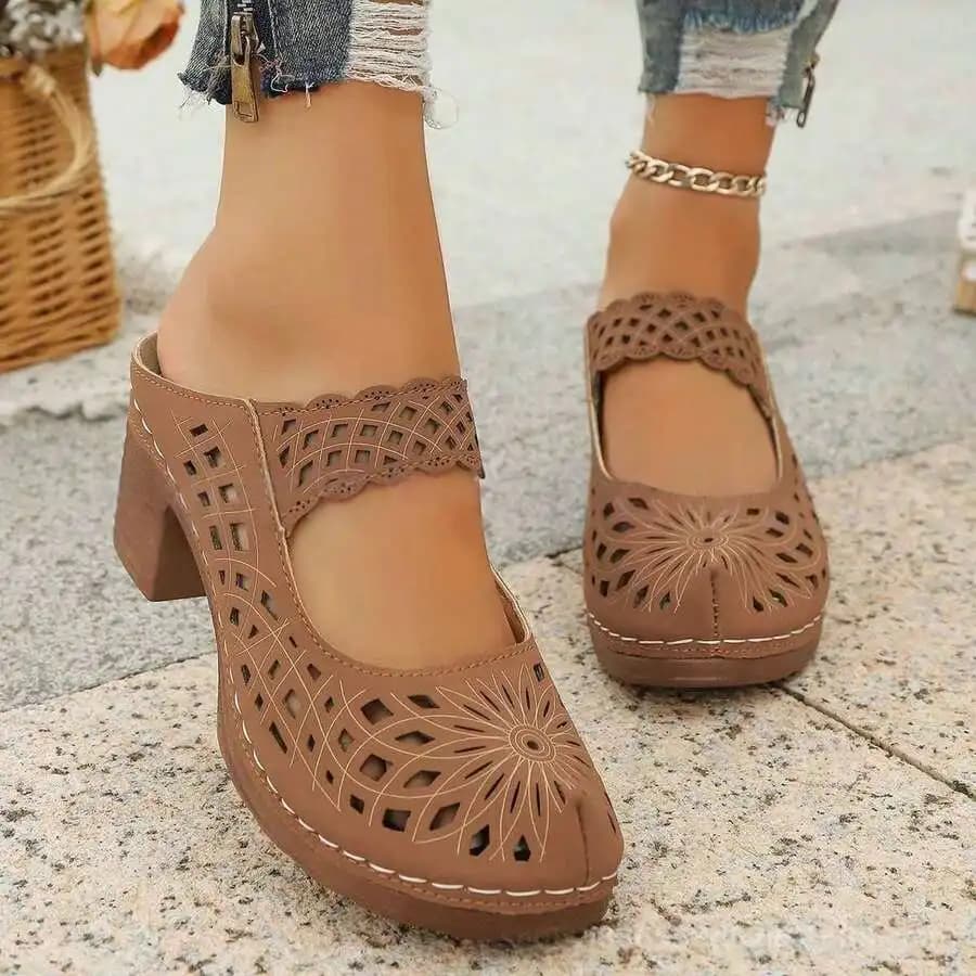 Womens Cutout Floral Mule Sandals With Chunky Heel Casual Slip-On Shoes