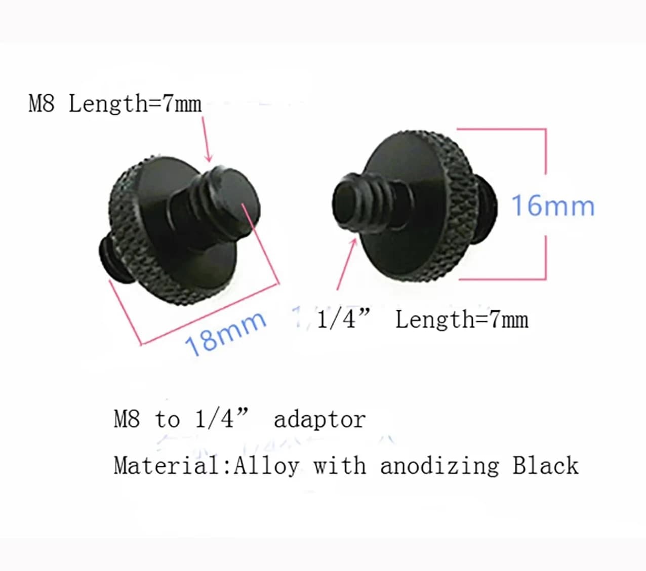 Screw adapters from 2 pieces M8 male to 1/4 "max for tripods and other parts, adapter from 1/4-20 male to M8 male