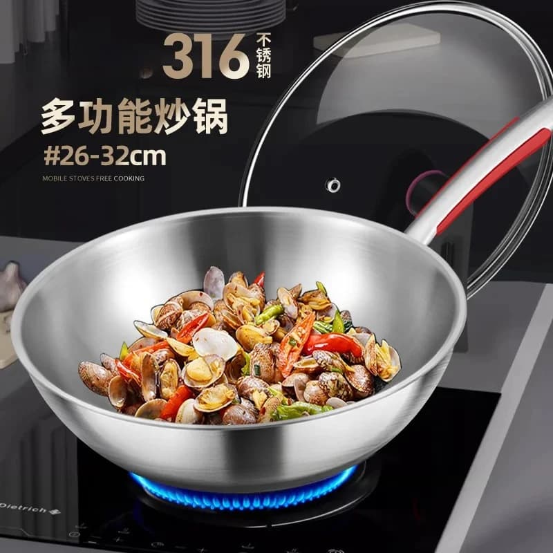 Padella Tedesca in Acciaio Inossidabile 316 Non Rivestita, Antiaderente, per Uso Domestico, Compatibile con Piani a Induzione e Gas, Fondo Piatto