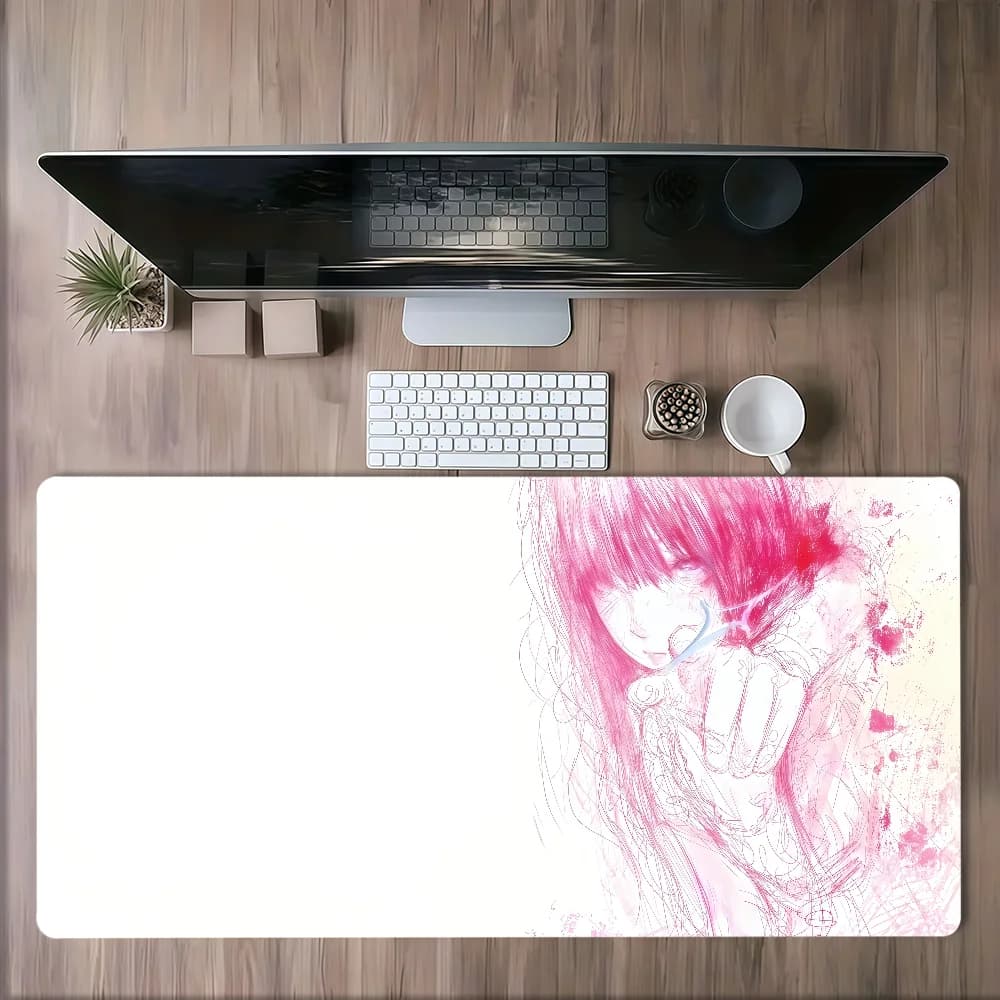 Tappetino per mouse in stile line art blu e rosa, con ragazza e ragazzo anime, carino e accattivante, con bordi ricamati, spesso, per desktop, gaming, ufficio e studenti