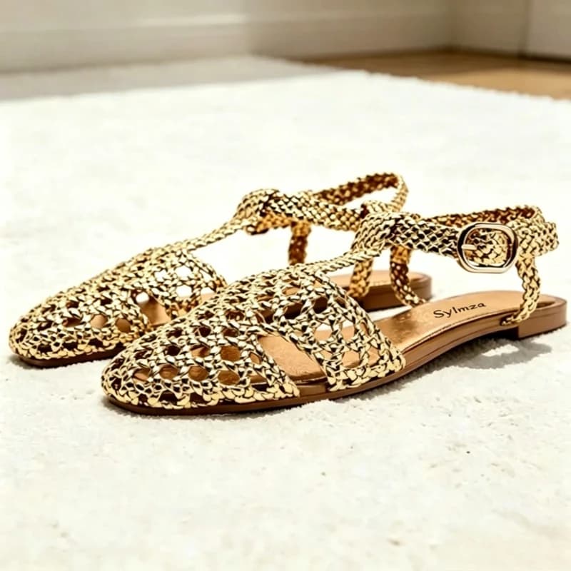 Unique T-tied Ankle-strap Flat Sandals Women Fashion Hollow Weaving Gladiator Sandal for Ladies Summer Comfort Beach Casual Shoe