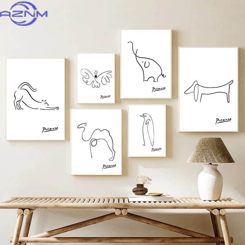 AZNM Pablo Picasso Dove of Peace Dachshund Dog Line Art Print Exhibition Vintage Wall Art Poster Canvas Painting for Room Home D