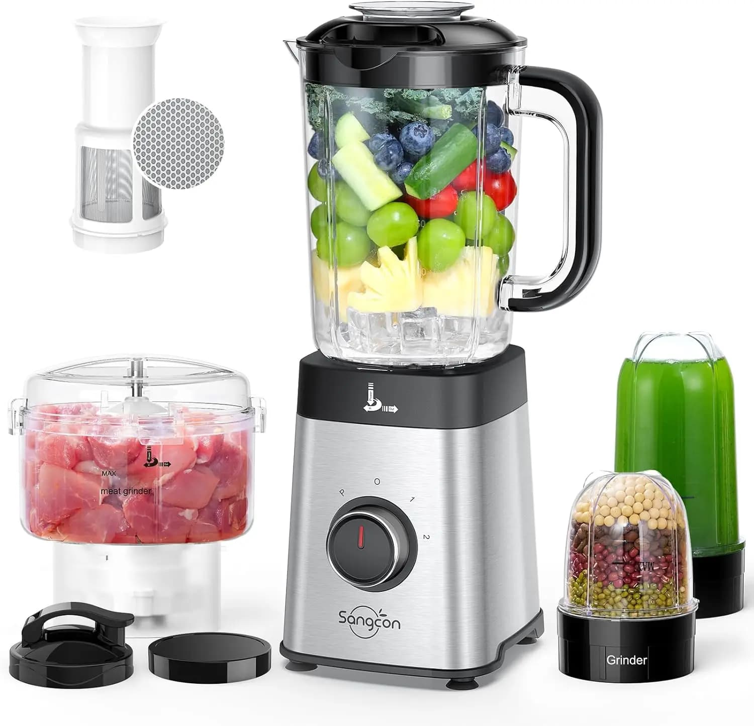 Frullatore e Robot da Cucina 5-in-1, Contenitore da 40oz e Bicchiere da 17oz con Coperchio, Acciaio Inossidabile Argento