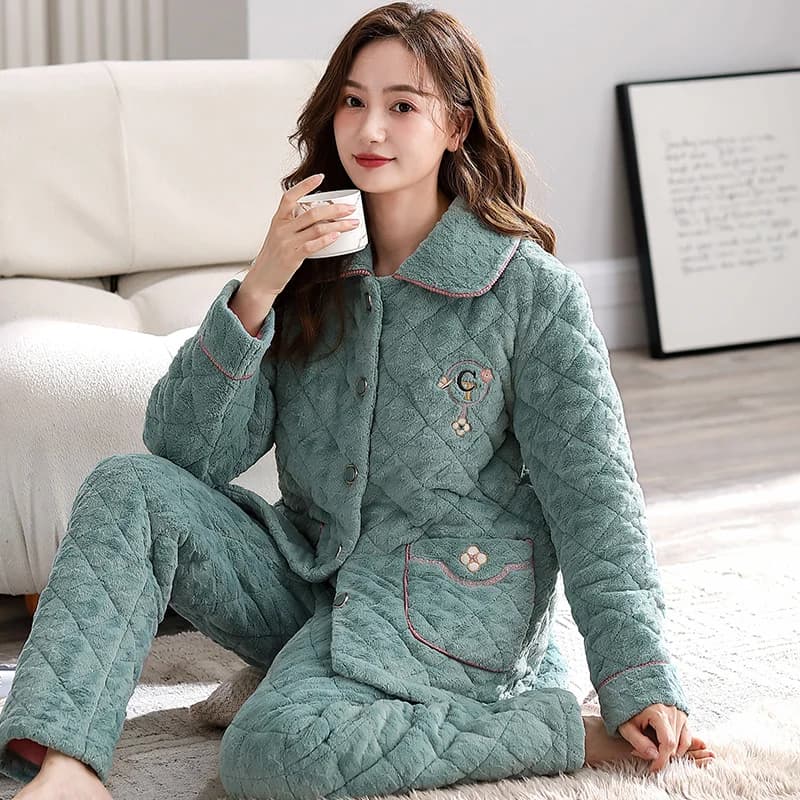 Winter Thick Warm Three Layer Clip Cotton Female Pijamas Leisure Soft Turn-down Collar Cardigan Women Homewear Sleepwear