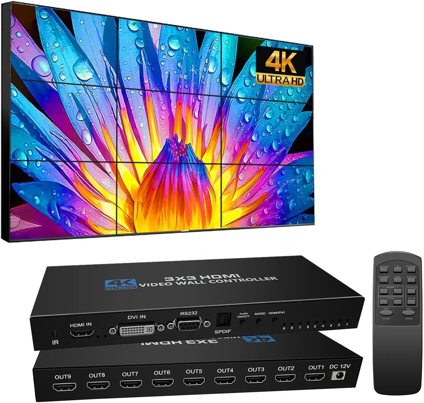 Controller Video Wall TV 4K 3x3 con 9 Uscite - Switch Multi-Schermo Supporta 1080P HDCP 1.4 per Processore Video HDMI