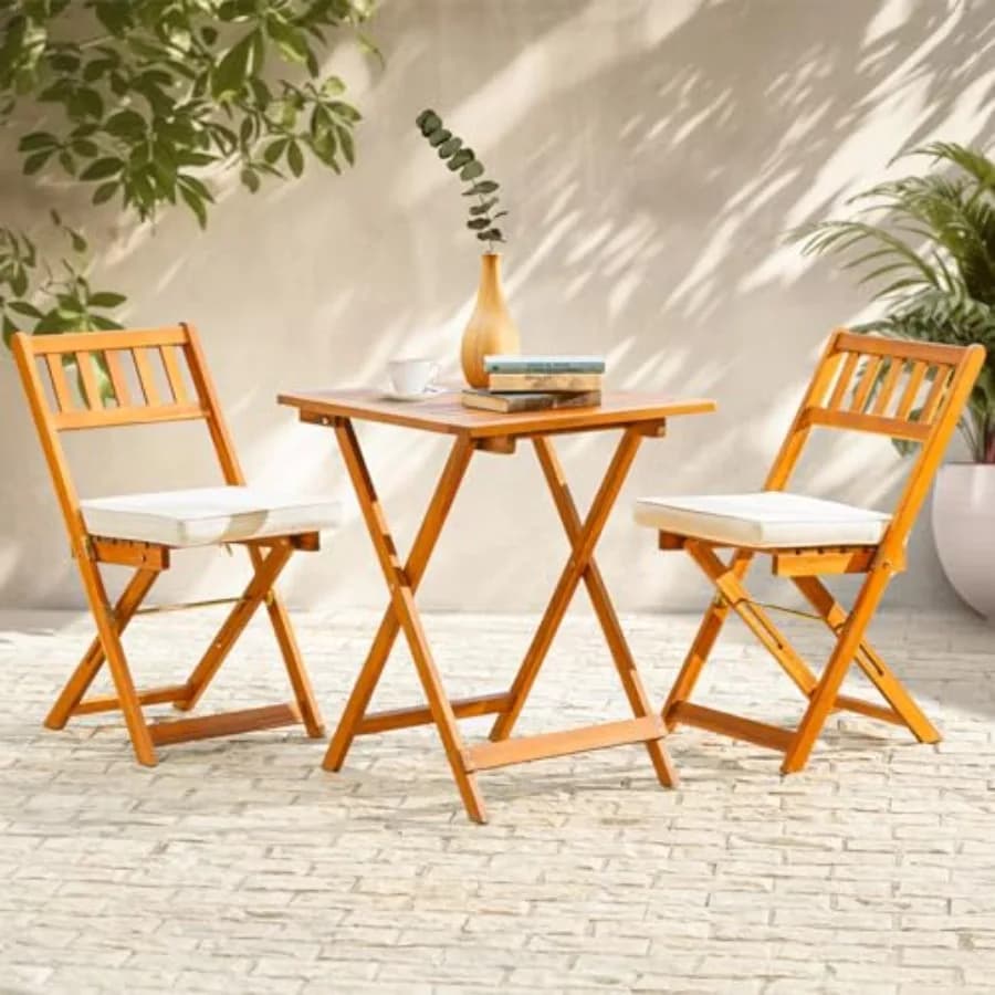 Heavy Duty 400lbs Capacity Patio Bistro Set 3 Piece Outdoor, Folding Chairs w/Cushion, Square Table, FSC-Certified Acacia Wood,