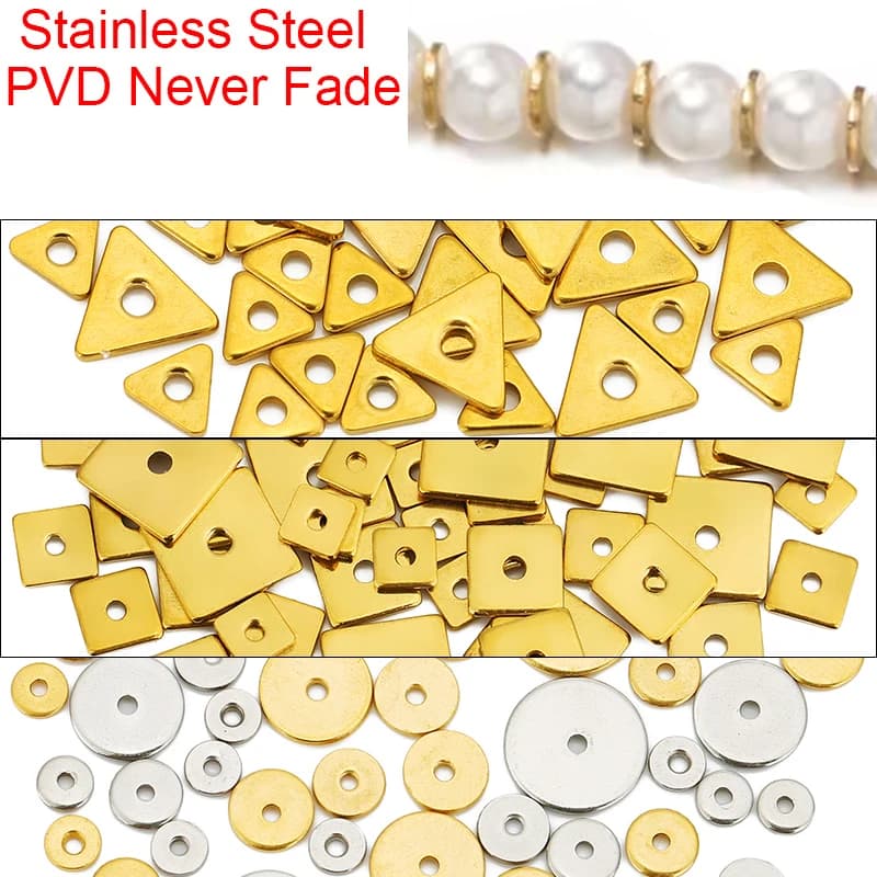 30 pezzi di perline in acciaio inossidabile da 4, 5, 6, 8 mm con rivestimento PVD, non sbiadiscono, a forma di triangolo piatto e quadrato, per collane e bracciali, per la creazione di gioielli.