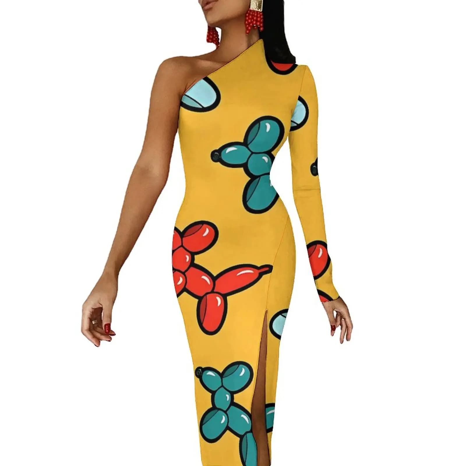 Abito lungo con cani a palloncino, monospalla, abiti aderenti per feste con animali colorati, abito moderno autunnale, abbigliamento personalizzato femminile