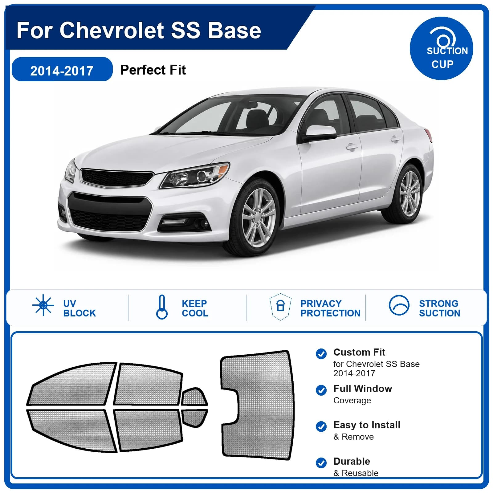 For Chevrolet SS Base 2014-2017 Custom Full Set Windshield Sun Shade Aluminum Foil Heat Insulation Anti UV Foldable