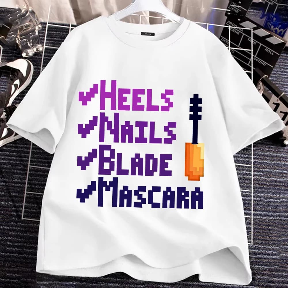 Genitor-Son KPop Demon Hunters T-shirt in Pixel Art style with 'Wheels Nails Blade Mascara' print for the trendiest fans