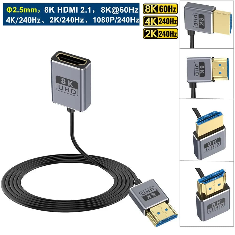 Coaxial Micro Mini HDMI-compatible Male to HDMI Female 8K 2.1V Cable Ultra High Speed 48Gbps Ultra Thin 2.5mm 8K60Hz Dynamic HDR
