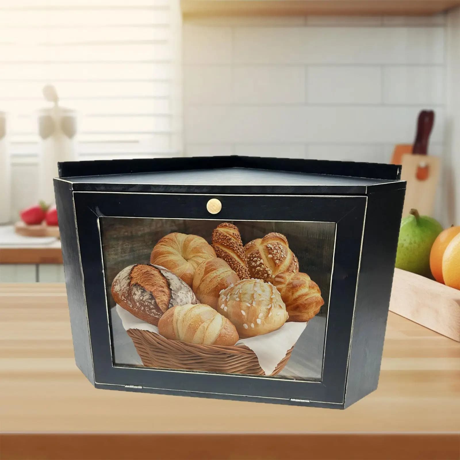 Contenitore per Pane in Legno a Doppio Strato con Pannello Trasparente per Conservazione di Alimenti Fatti in Casa