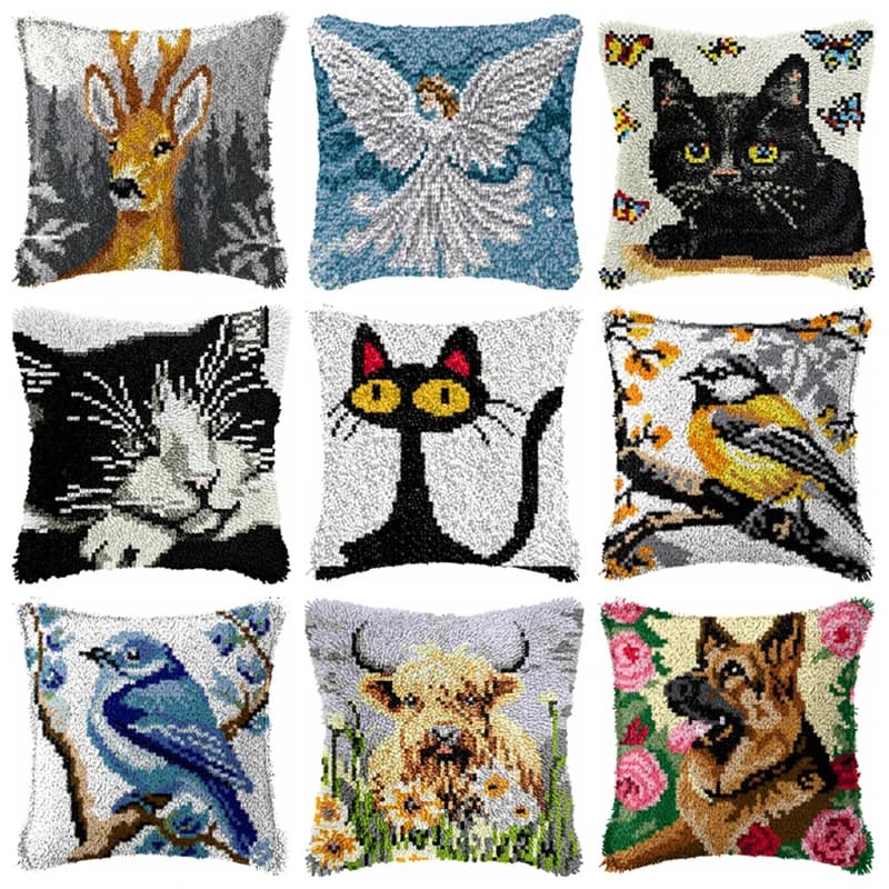 Kit Cuscino con Gancio a Laccio Serie Animali, Cuscino Decorativo con Motivi Cane/Tigre, Ricamo a Punto Croce, Lavorazione all'Uncinetto