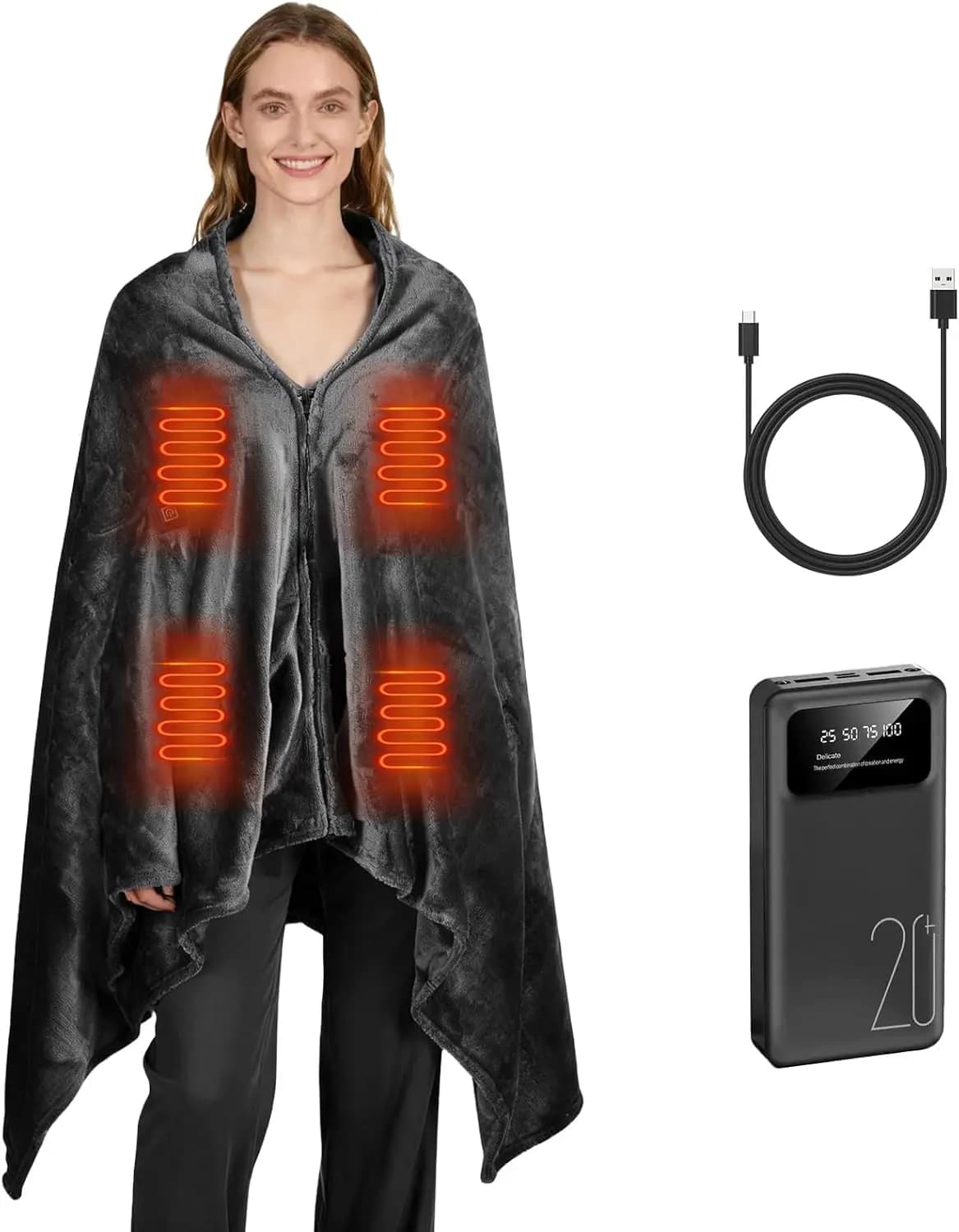 Coperta Riscaldata Senza Fili con Batteria da 20000mAh, 3 Livelli di Calore, USB Portatile per Campeggio Casa Ufficio Auto