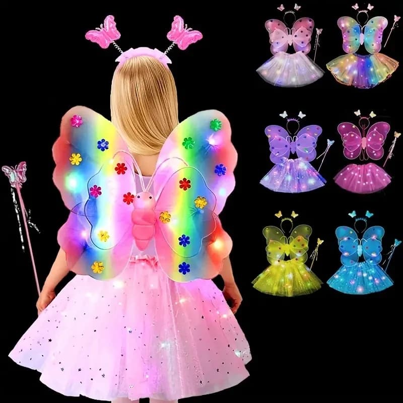 Set di 4 Pezzi Costume da Fata con Luci LED: Ali di Farfalla, Gonna Tutu, Bacchetta e Cerchietto per Feste, Cosplay, Spettacoli e Servizi Fotografici