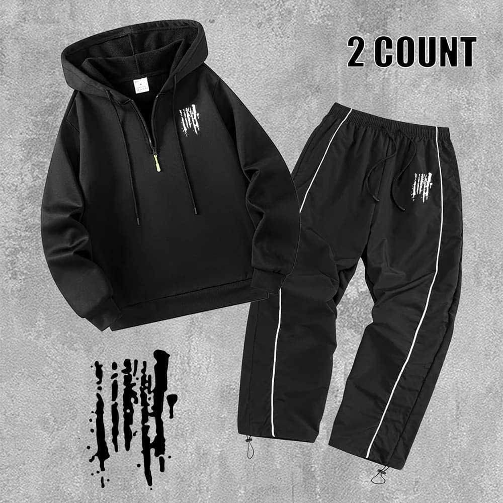 Men's Fitness Daily Wear Two Piece Set Half Zip Hoodies With Drawstring Pants Splatter Painted Graffiti Print Autumn Casual Wear