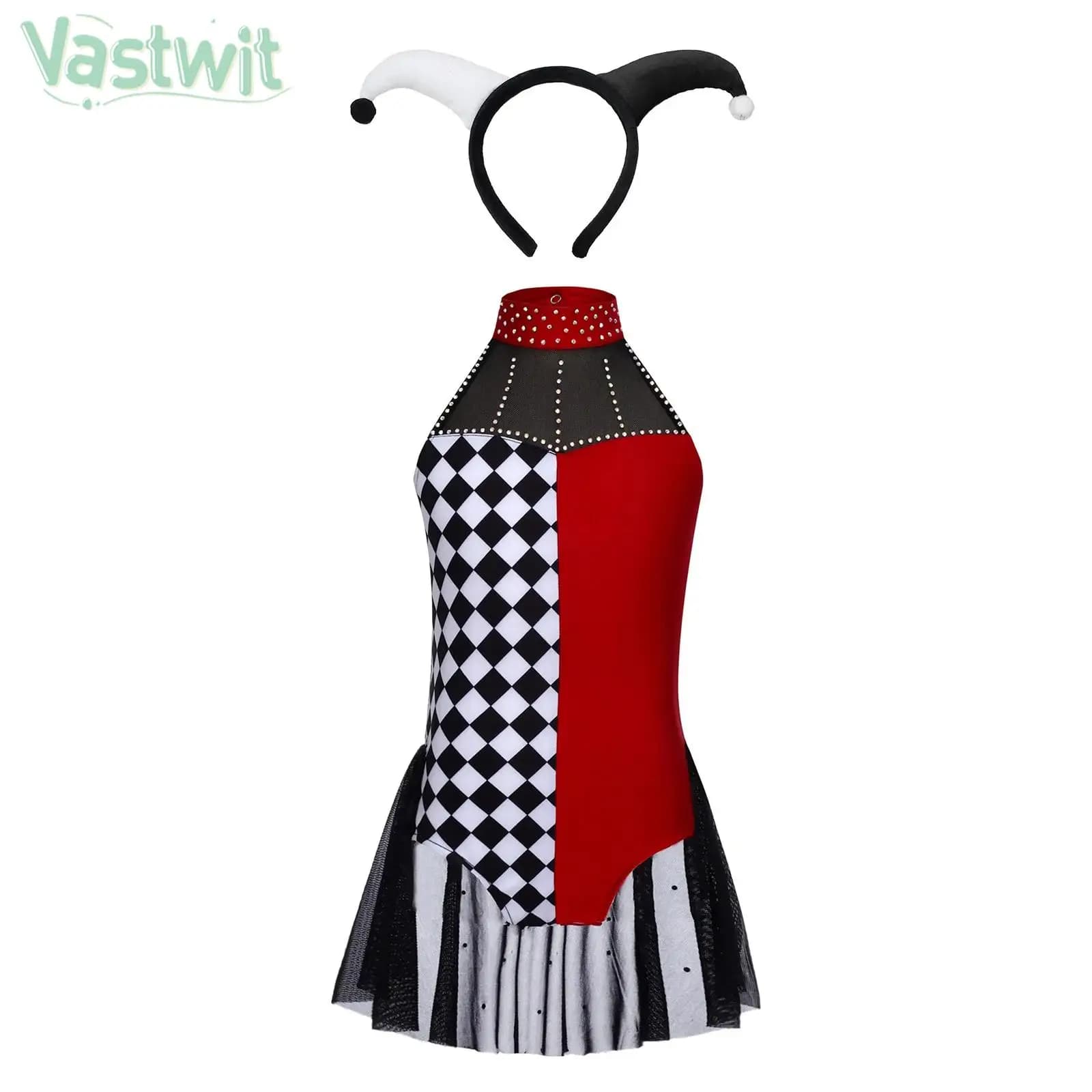 Costume da clown da circo per ragazze, divertente costume da Joker, senza maniche, con strass, in rete, con copricapo per cosplay di carnevale di Halloween