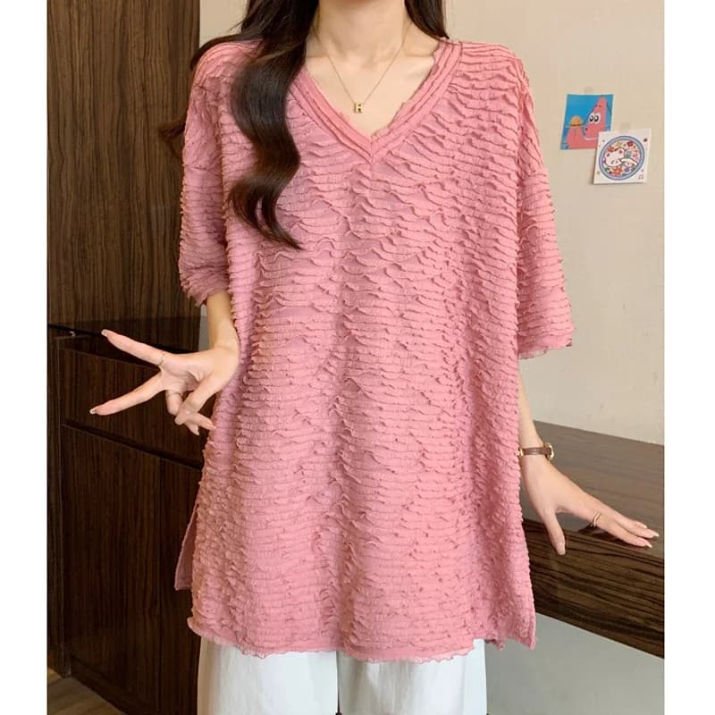 T-shirt a maniche corte di media lunghezza con scollo a V per le donne Estate Nuovo stile Jacquard Look ampio e dimagrante Speciale All Match ToP