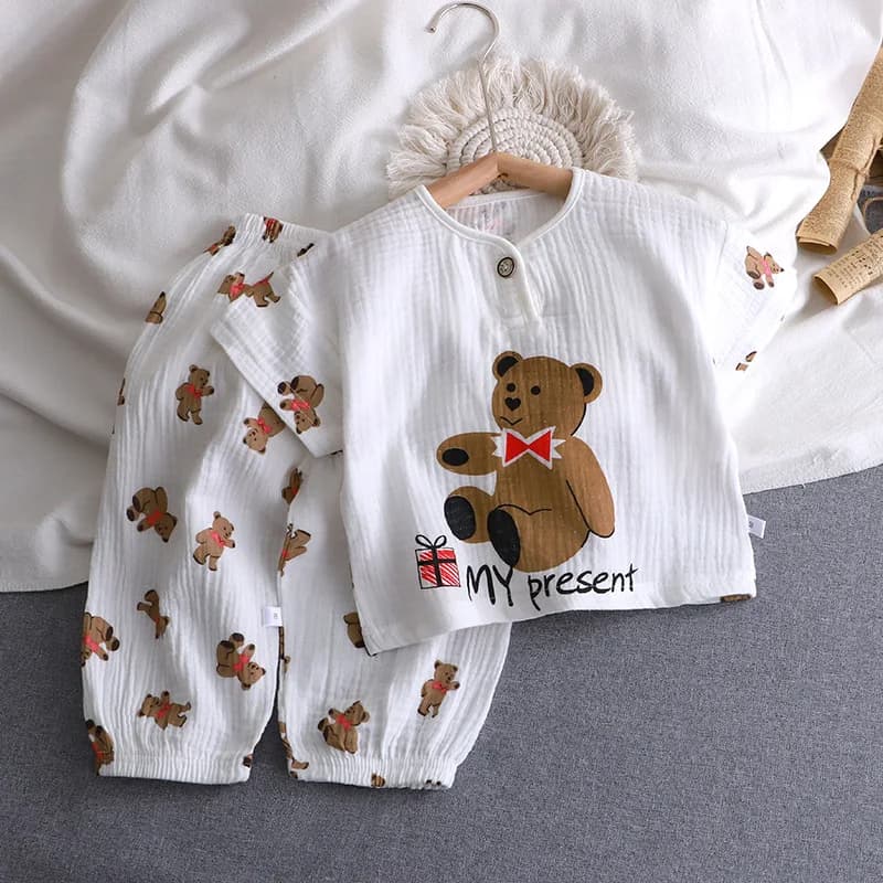 Children's double-layer cotton yarn set summer thin boys and girls pure cotton pajamas gauze air-conditioned clothing