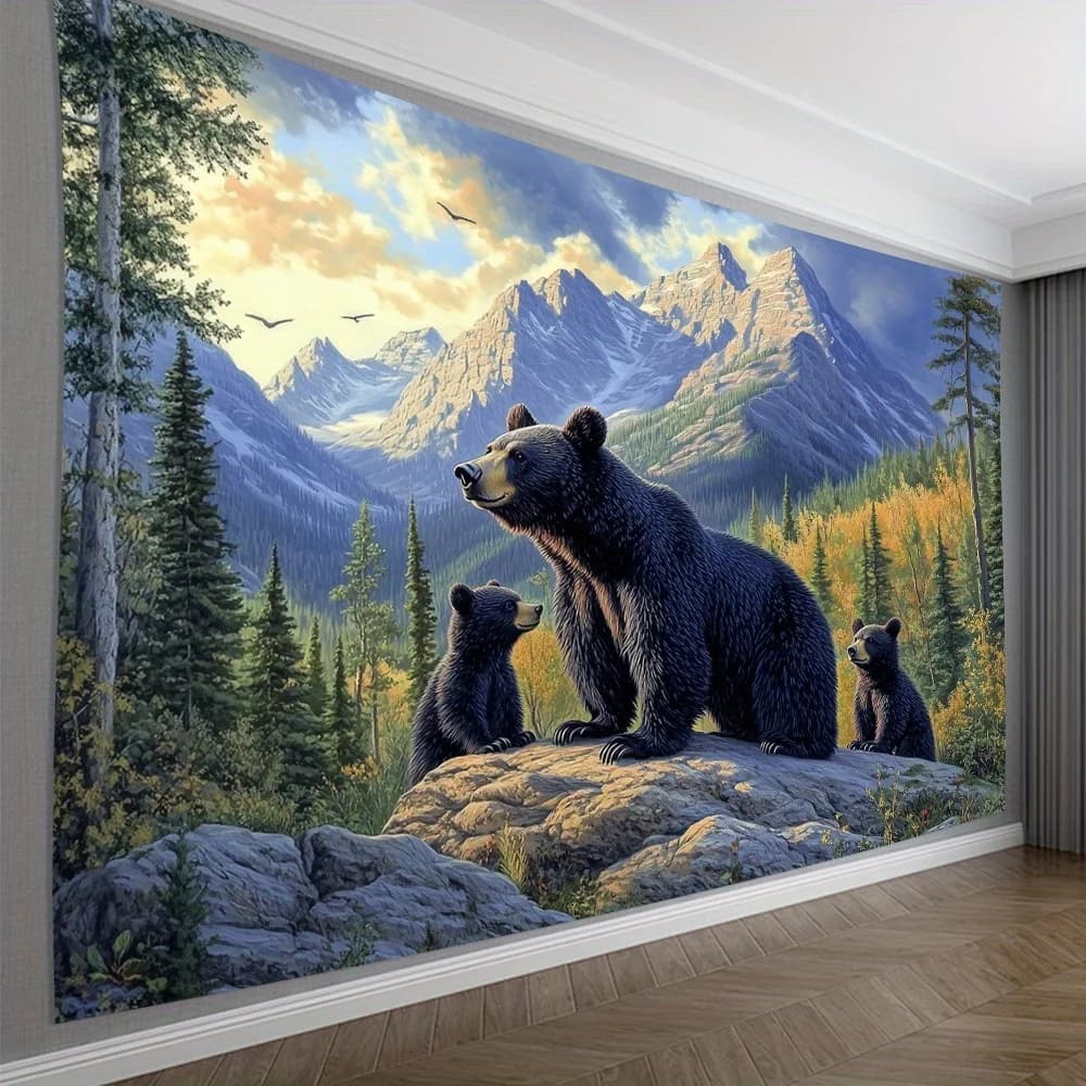 Large Bear Family Nature Forest Mountain Tapestry Wall Hanging Wildlife Mural Photo Print Art Decor 150x300cm